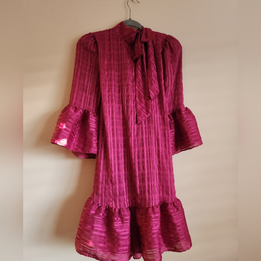 Calvin Klein Womens Metallic Bell Sleeve Shift Dress Pink Size 14 - Picture 7 of 9